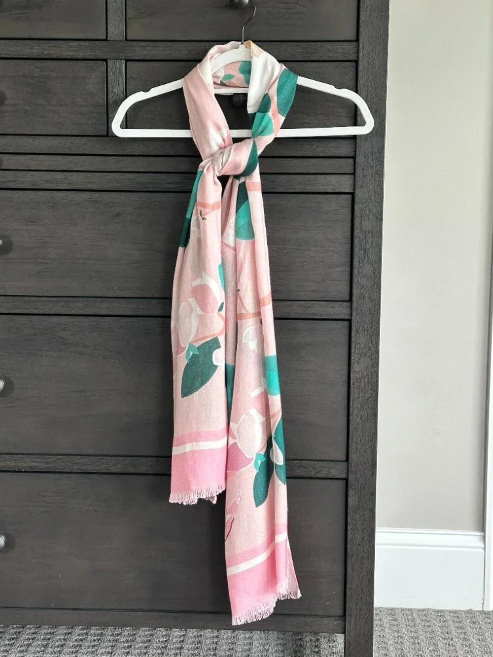 Kate Spade Pink Magnolia Floral Print Oblong Scarf Butterfly Gold Foil Logo